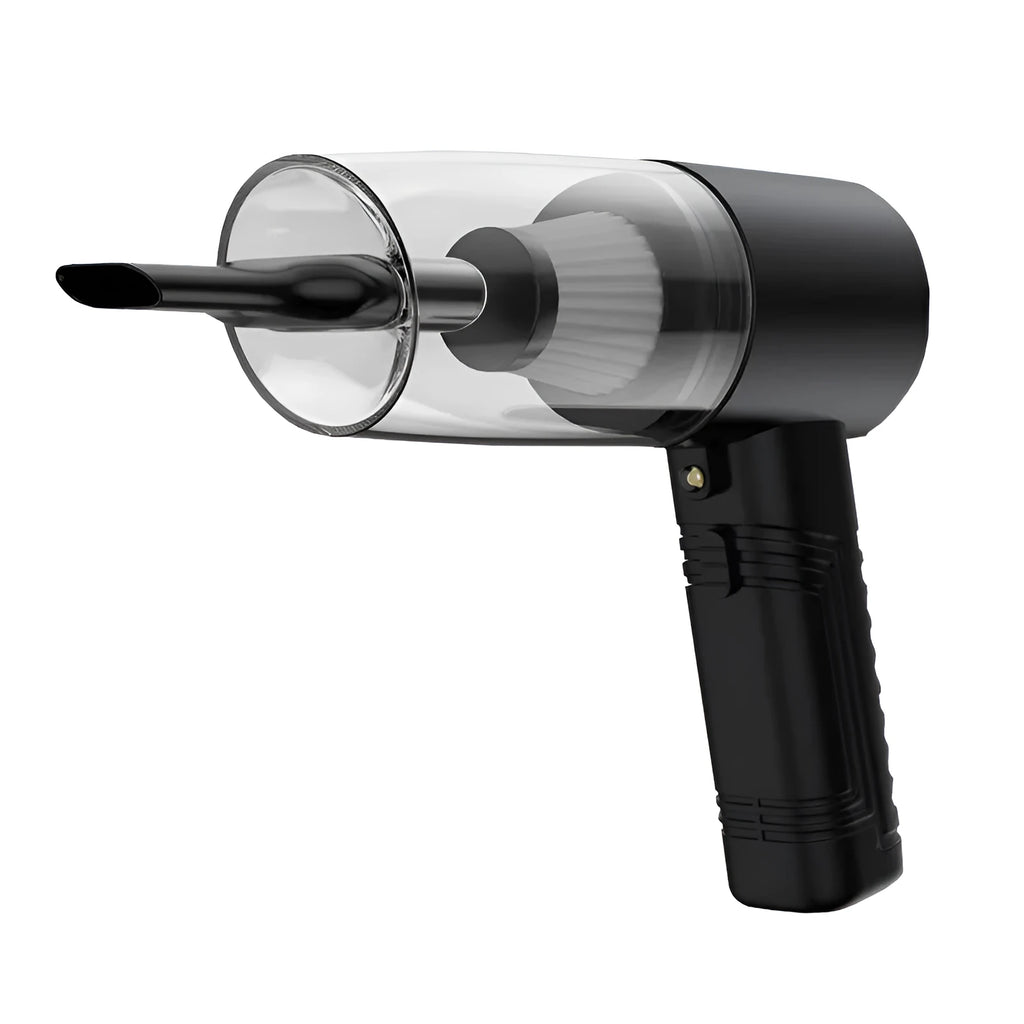 Black and white portable car vacuum cleaner with long cord and accessory heads for 4500Pa suction.