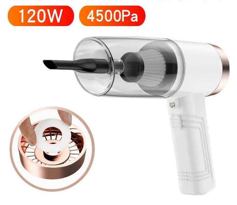 Black and white portable car vacuum cleaner with long cord and accessory heads for 4500Pa suction.