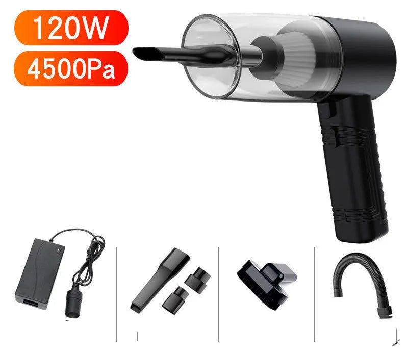Black and white portable car vacuum cleaner with long cord and accessory heads for 4500Pa suction.
