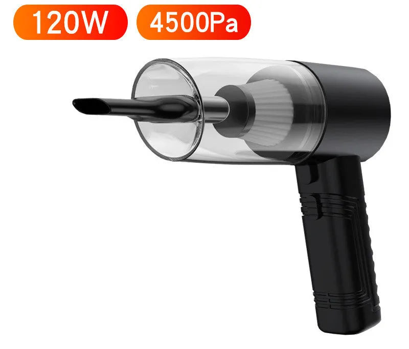 Black and white portable car vacuum cleaner with long cord and accessory heads for 4500Pa suction.