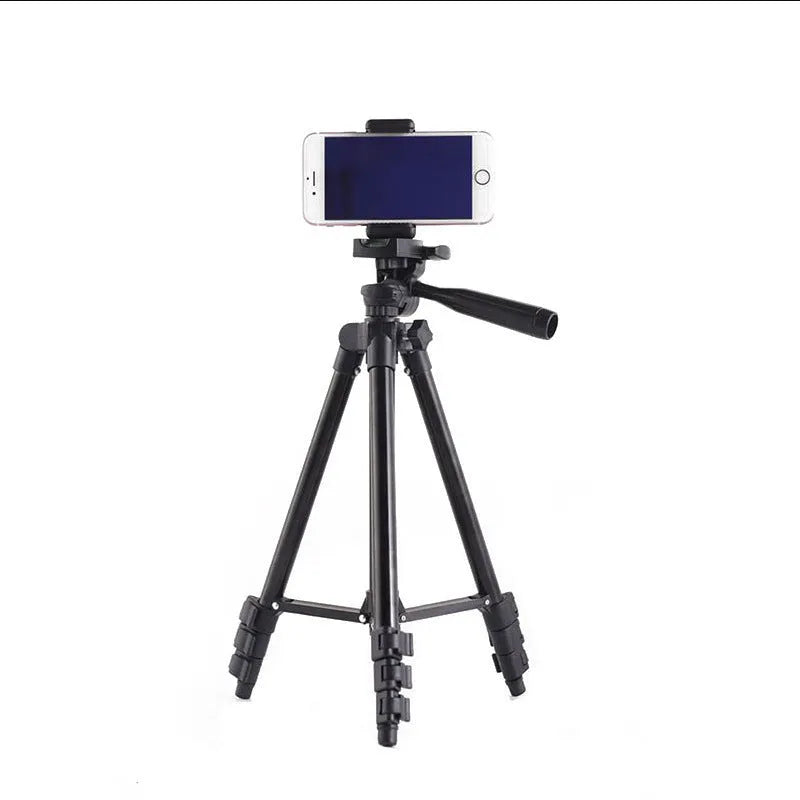 Black aluminium alloy portable tripod with 3D head and quick-release plate, extended to medium height.