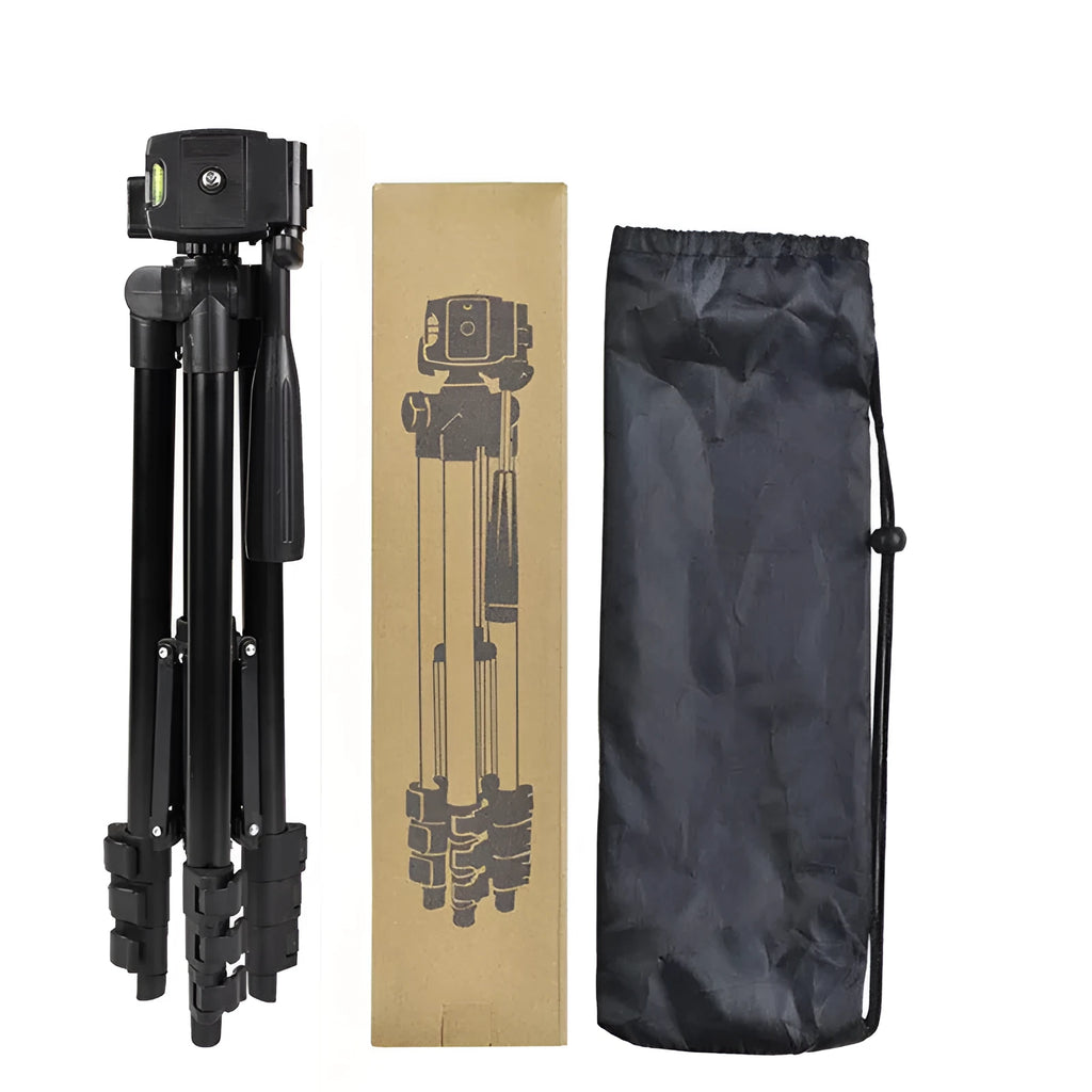 Black aluminium alloy portable tripod with 3D head and quick-release plate, extended to medium height.