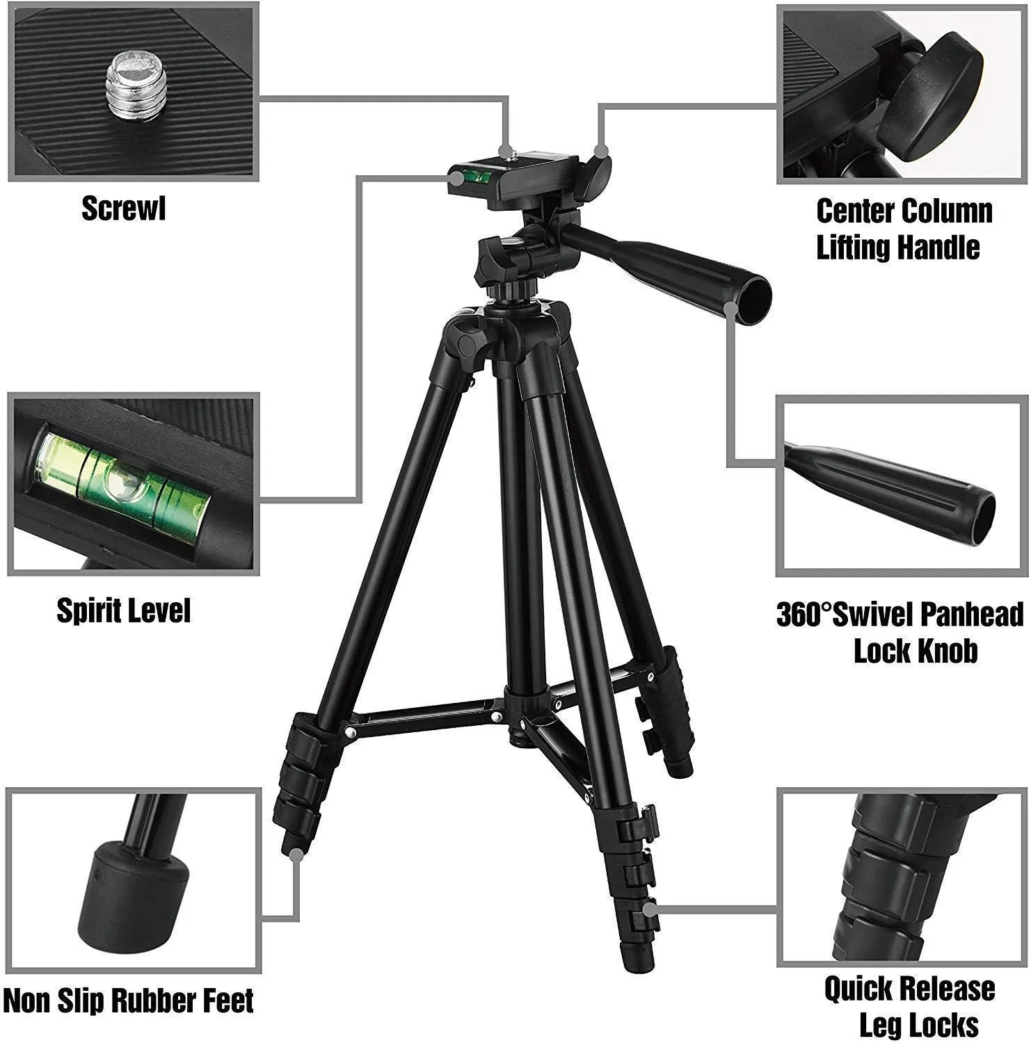 Black aluminium alloy portable tripod with 3D head and quick-release plate, extended to medium height.