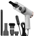 Black and white portable car vacuum cleaner with long cord and accessory heads for 4500Pa suction.