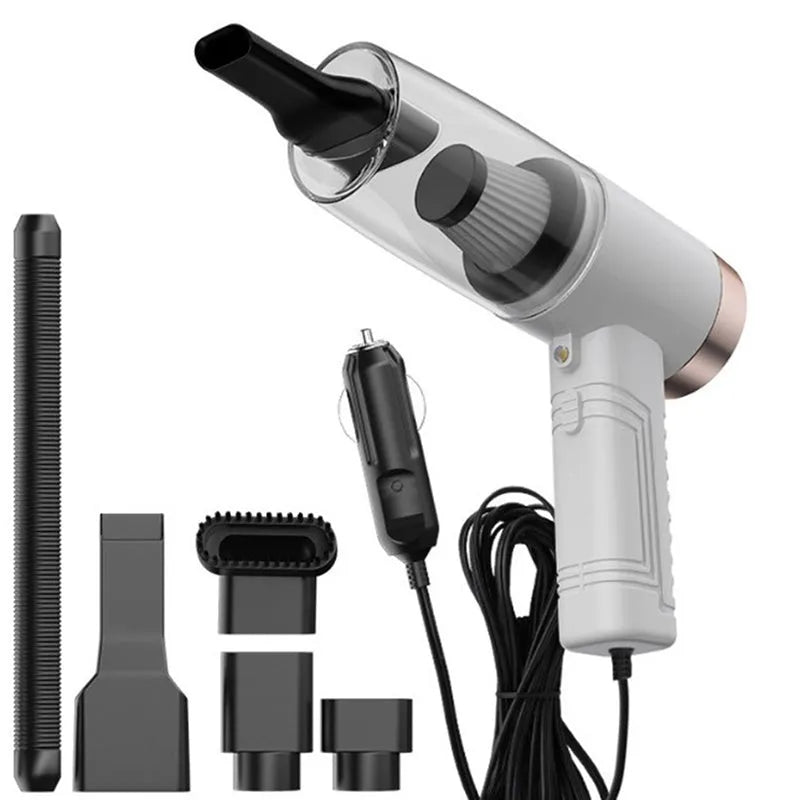 Black and white portable car vacuum cleaner with long cord and accessory heads for 4500Pa suction.