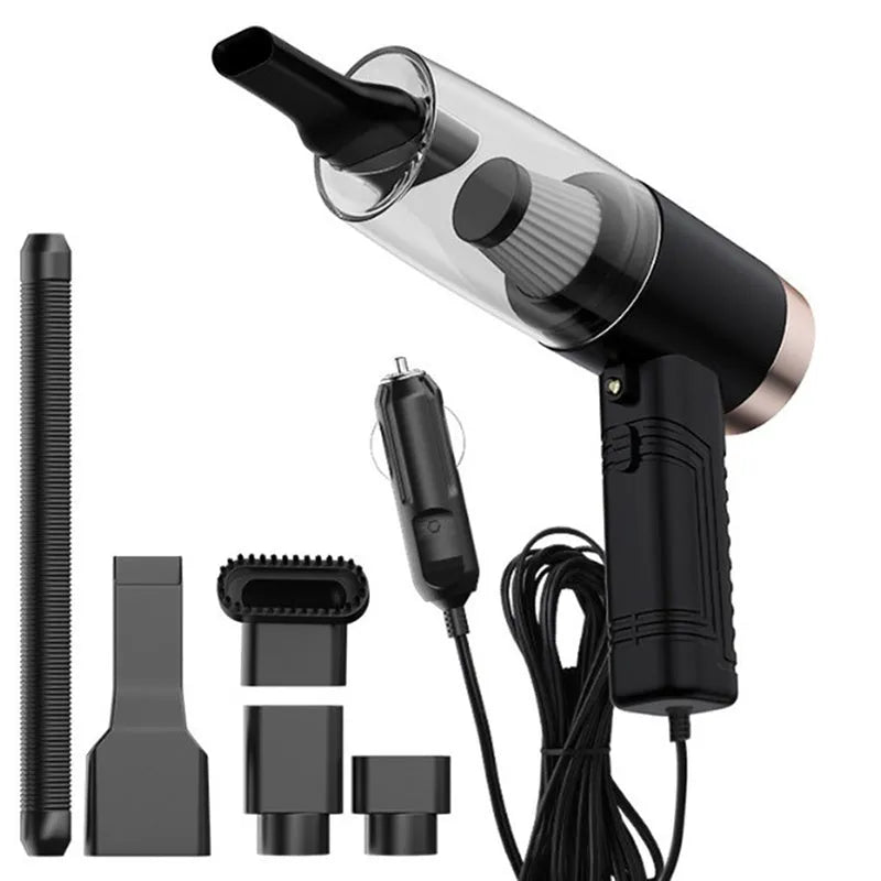 Black and white portable car vacuum cleaner with long cord and accessory heads for 4500Pa suction.