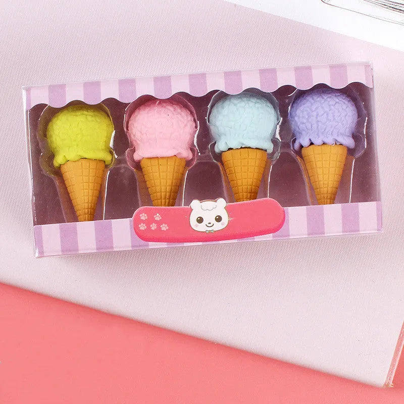 Pack of 12 cartoon food-themed erasers for children, showing cone, ice cream, and lollipop designs.