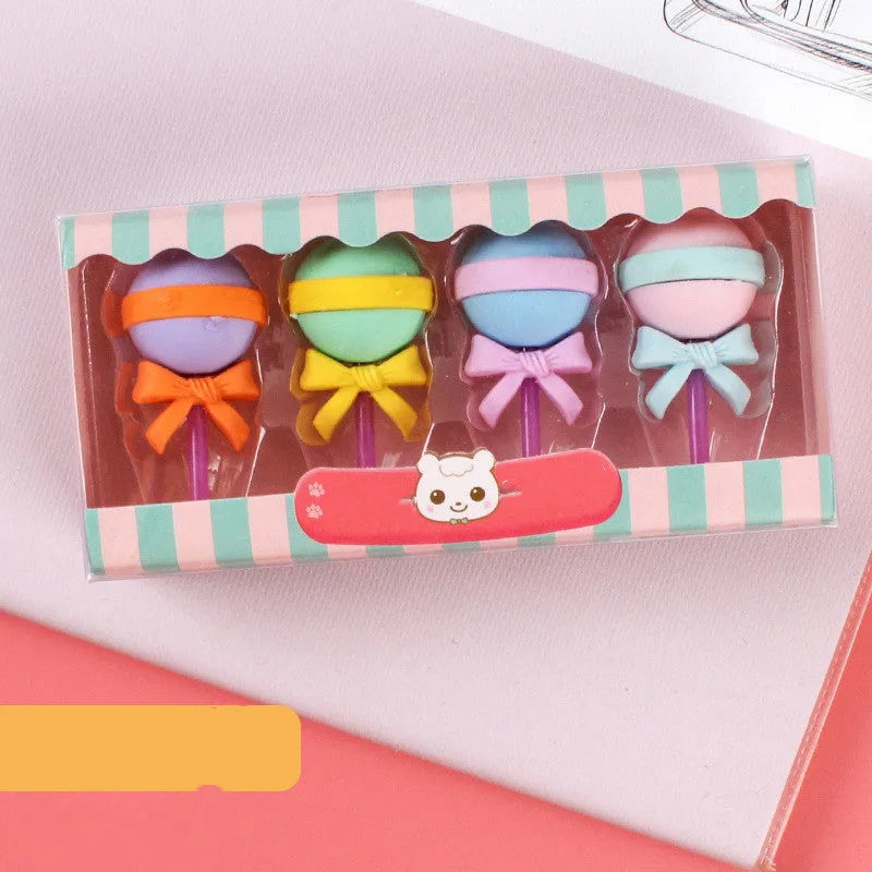Pack of 12 cartoon food-themed erasers for children, showing cone, ice cream, and lollipop designs.