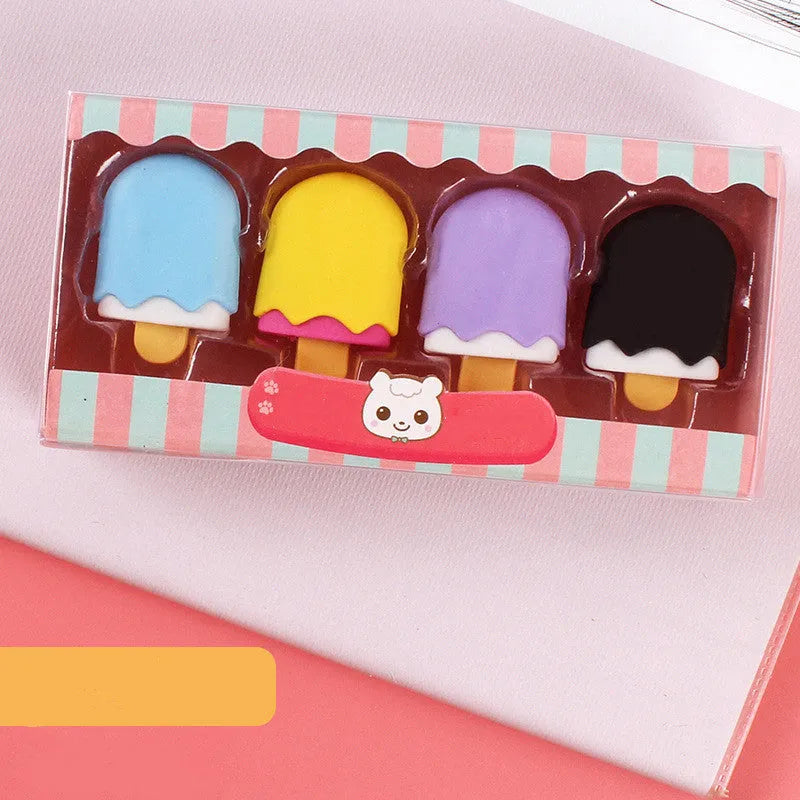 Pack of 12 cartoon food-themed erasers for children, showing cone, ice cream, and lollipop designs.