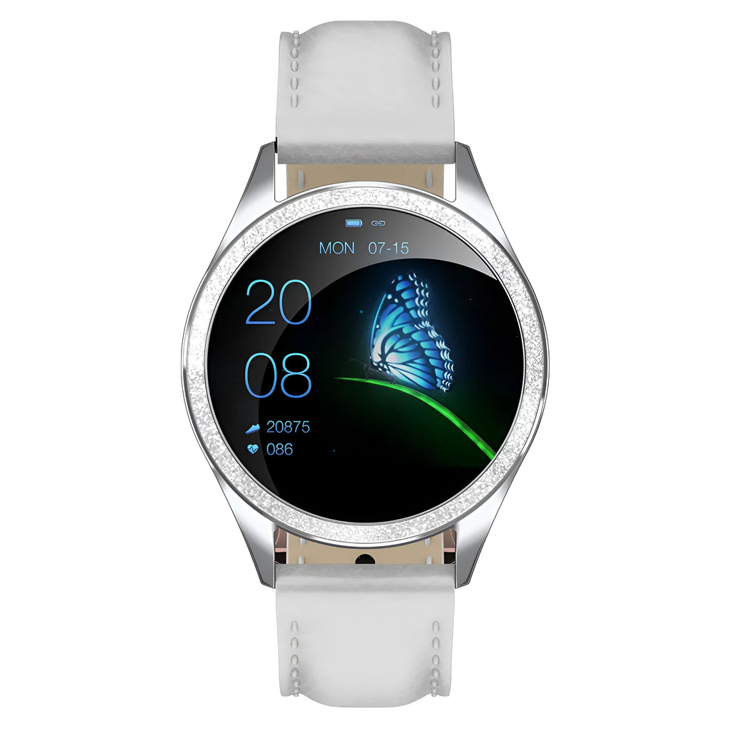 Smart bracelet watch with stainless steel band and glass touch screen displaying cycle reminder
