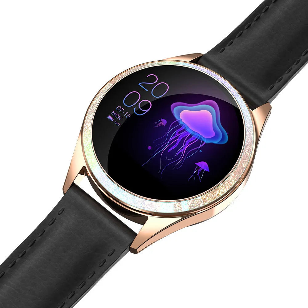 Smart bracelet watch with stainless steel band and glass touch screen displaying cycle reminder