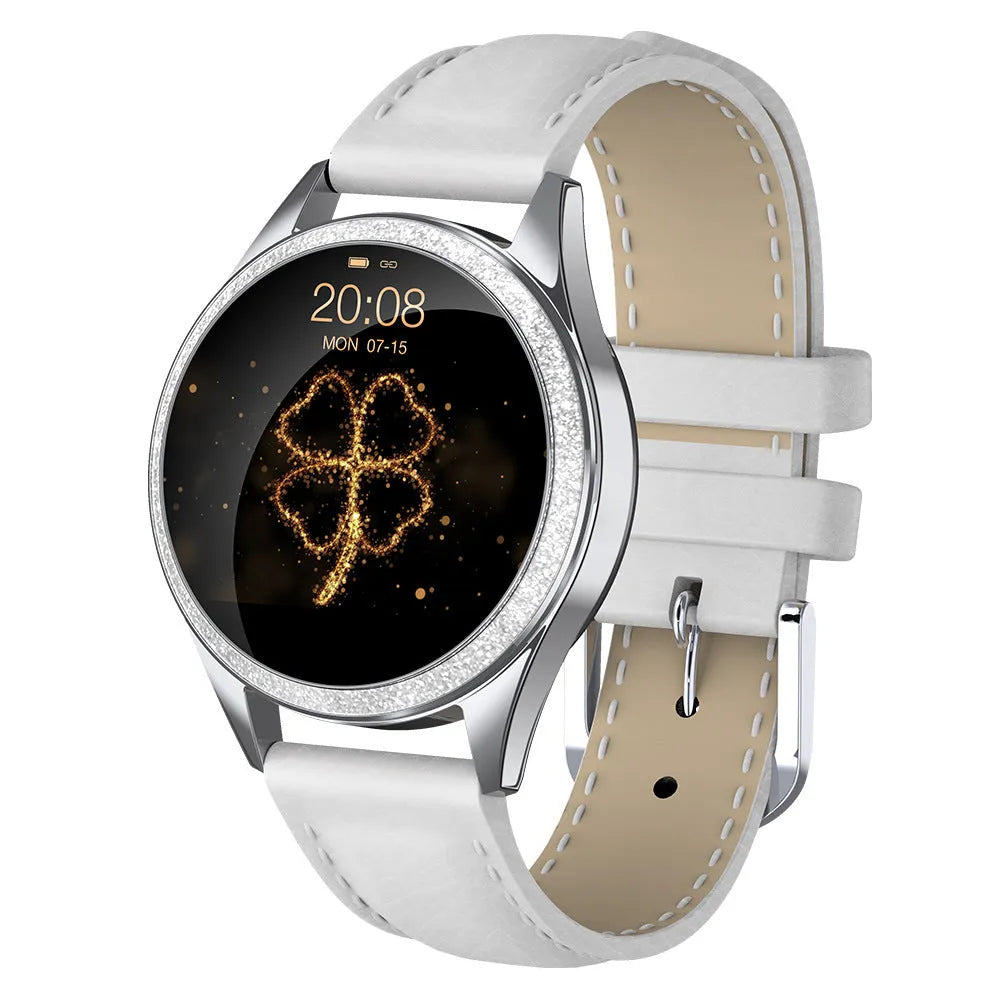 Smart bracelet watch with stainless steel band and glass touch screen displaying cycle reminder