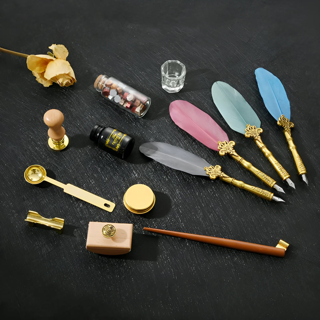 Creative dipped feather pen and lacquer stamp set in gift box with five stainless steel nibs and ink