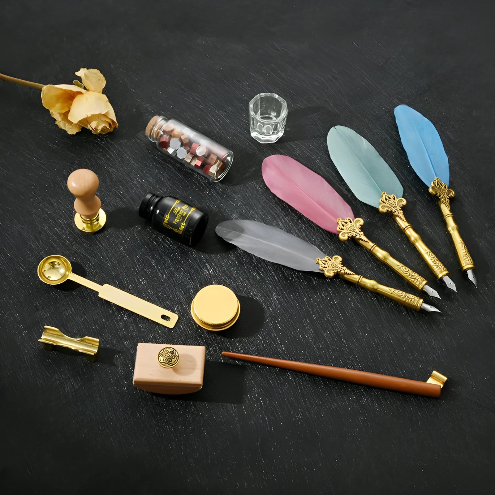 Creative dipped feather pen and lacquer stamp set in gift box with five stainless steel nibs and ink