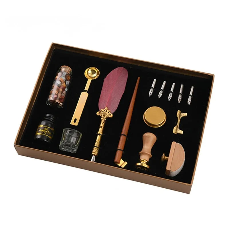 Creative dipped feather pen and lacquer stamp set in gift box with five stainless steel nibs and ink