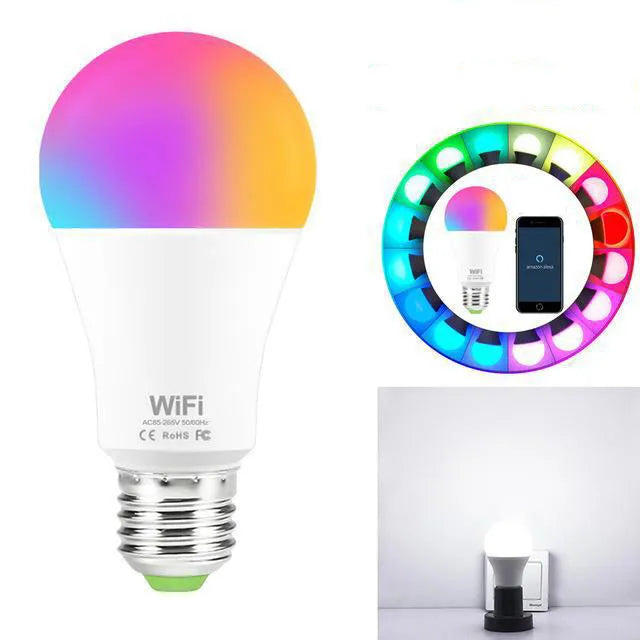WiFi smart LED light bulb with E27 and B22 base options for colour changing and dimmable white light