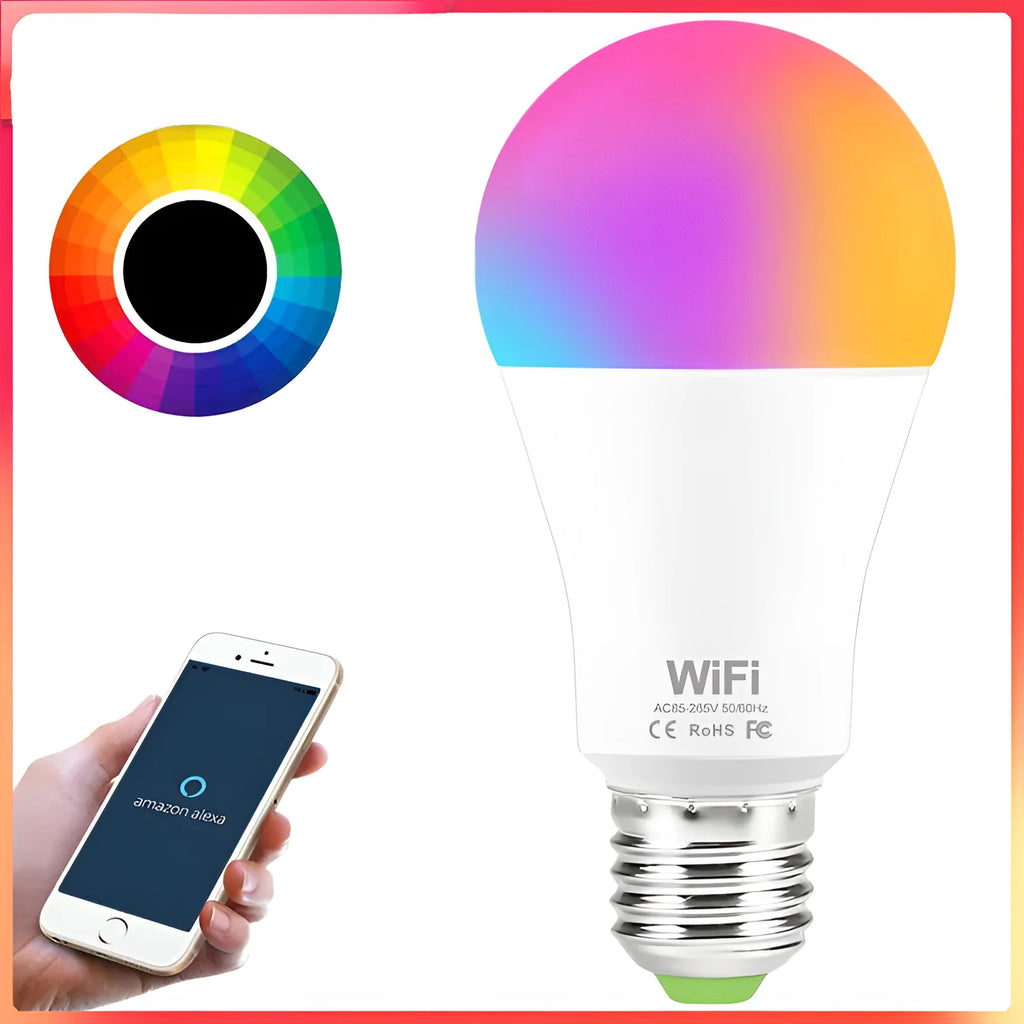WiFi smart LED light bulb with E27 and B22 base options for colour changing and dimmable white light