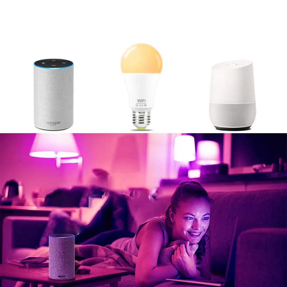 WiFi smart LED light bulb with E27 and B22 base options for colour changing and dimmable white light