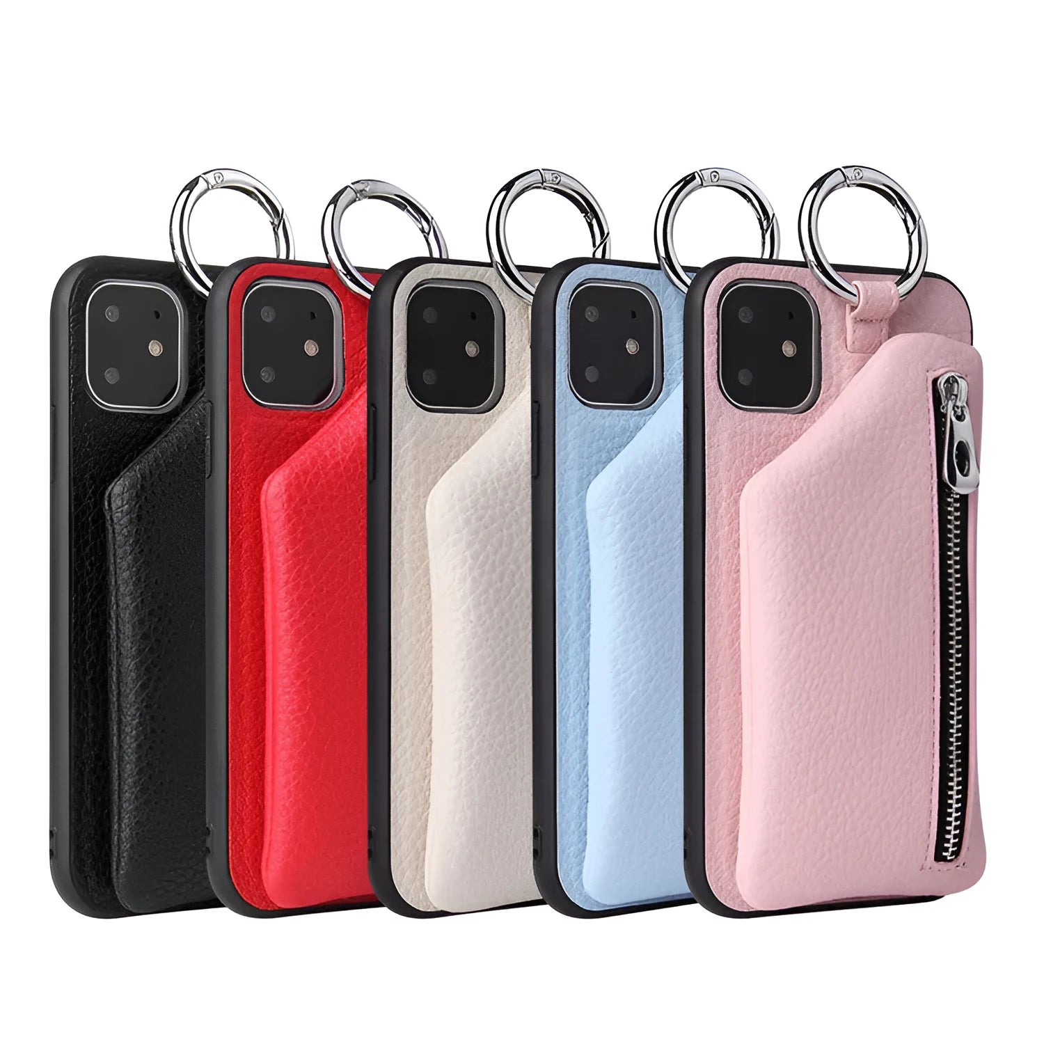Pink imitation leather phone case with built-in coin pouch and a black crossbody neck lanyard attached.