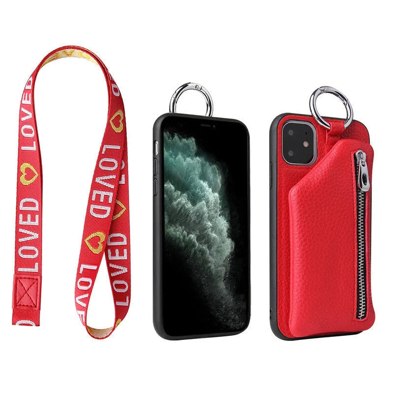 Pink imitation leather phone case with built-in coin pouch and a black crossbody neck lanyard attached.