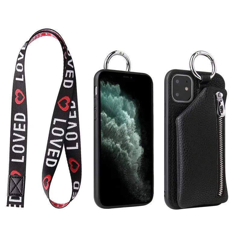 Pink imitation leather phone case with built-in coin pouch and a black crossbody neck lanyard attached.