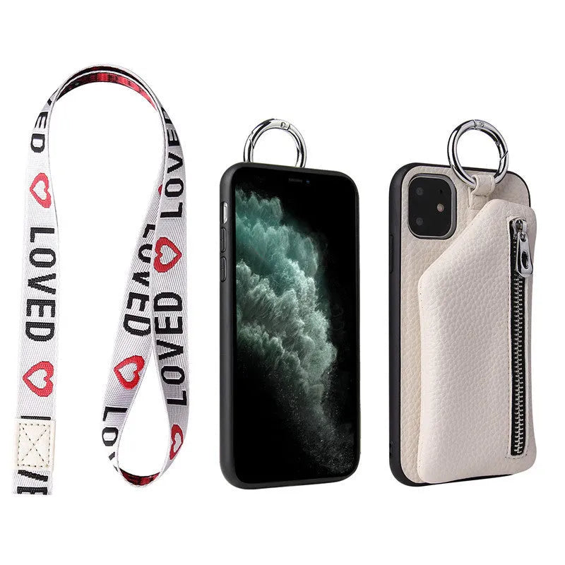 Pink imitation leather phone case with built-in coin pouch and a black crossbody neck lanyard attached.