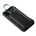 Pink imitation leather phone case with built-in coin pouch and a black crossbody neck lanyard attached.