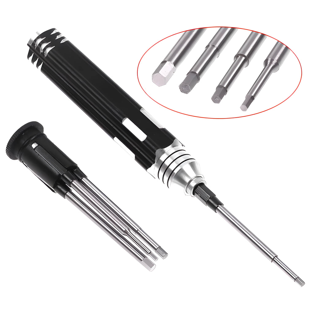 Four-in-one hexagon socket screwdriver set with aluminium handle and four high-speed steel bits in black