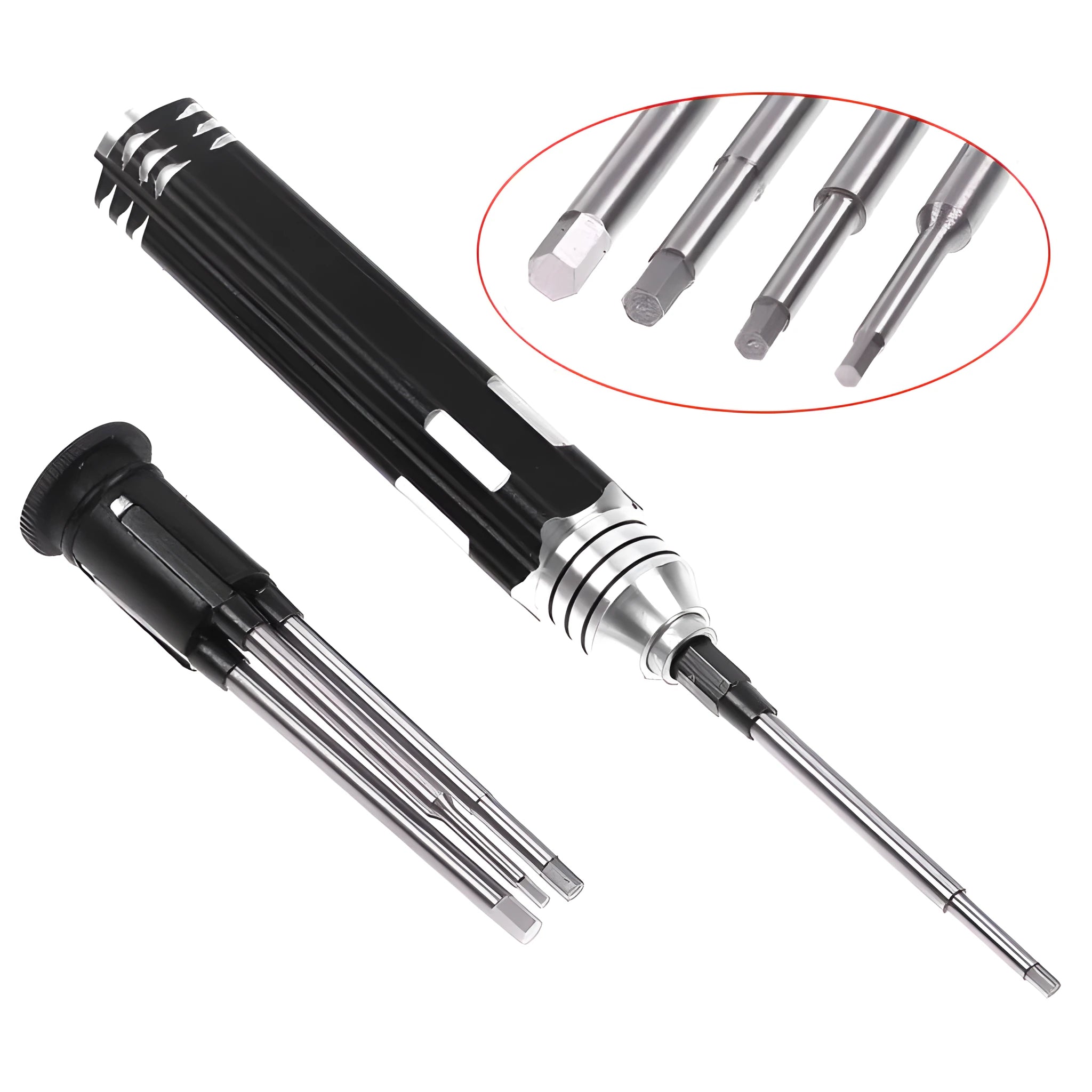 Four-in-one hexagon socket screwdriver set with aluminium handle and four high-speed steel bits in black