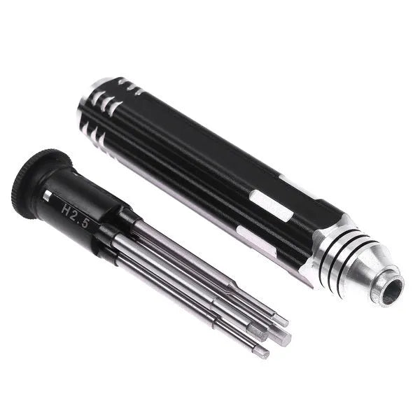 Four-in-one hexagon socket screwdriver set with aluminium handle and four high-speed steel bits in black