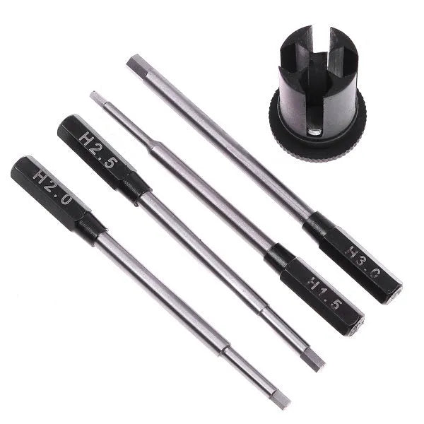Four-in-one hexagon socket screwdriver set with aluminium handle and four high-speed steel bits in black