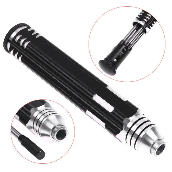 Four-in-one hexagon socket screwdriver set with aluminium handle and four high-speed steel bits in black