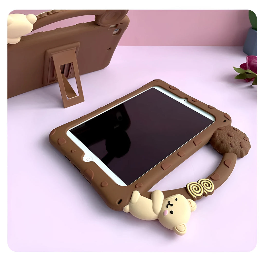 Brown cartoon-style silicone iPad case with a flip-out stand bracket.