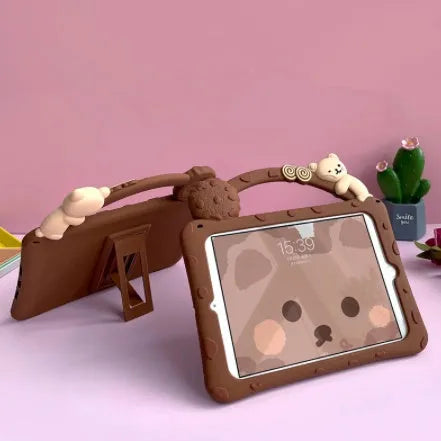 Brown cartoon-style silicone iPad case with a flip-out stand bracket.