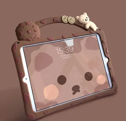 Brown cartoon-style silicone iPad case with a flip-out stand bracket.