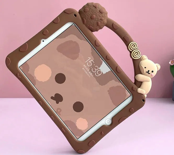 Brown cartoon-style silicone iPad case with a flip-out stand bracket.