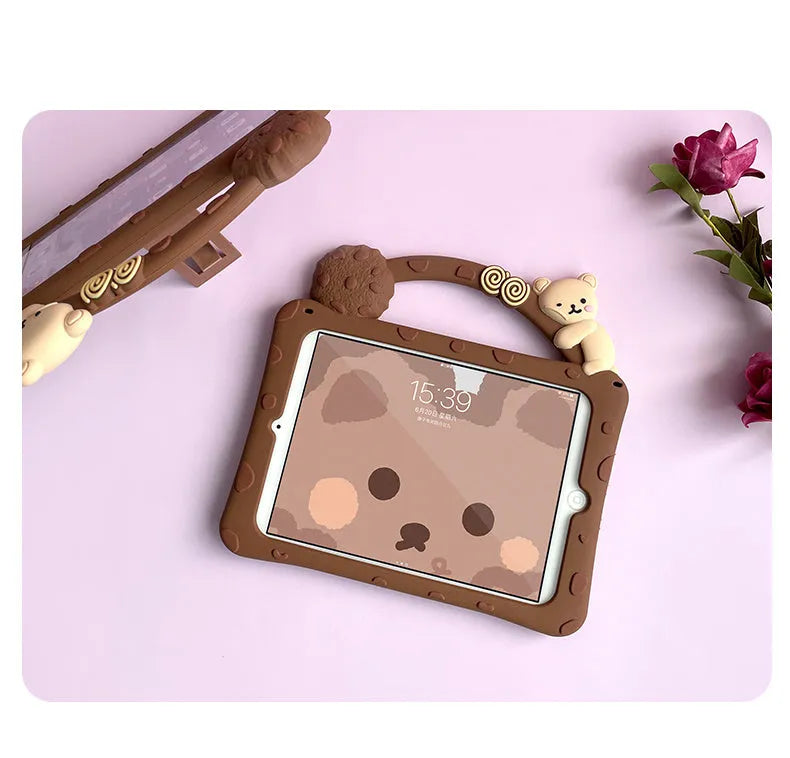 Brown cartoon-style silicone iPad case with a flip-out stand bracket.