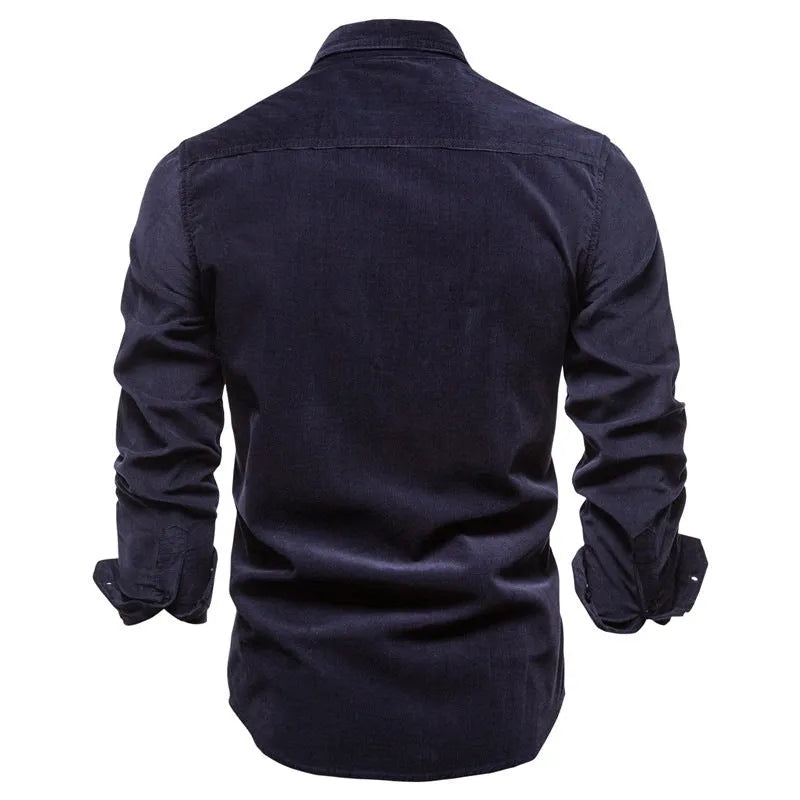 Men's long sleeve casual linen shirt on a hanger, shown in Denim Blue colour.
