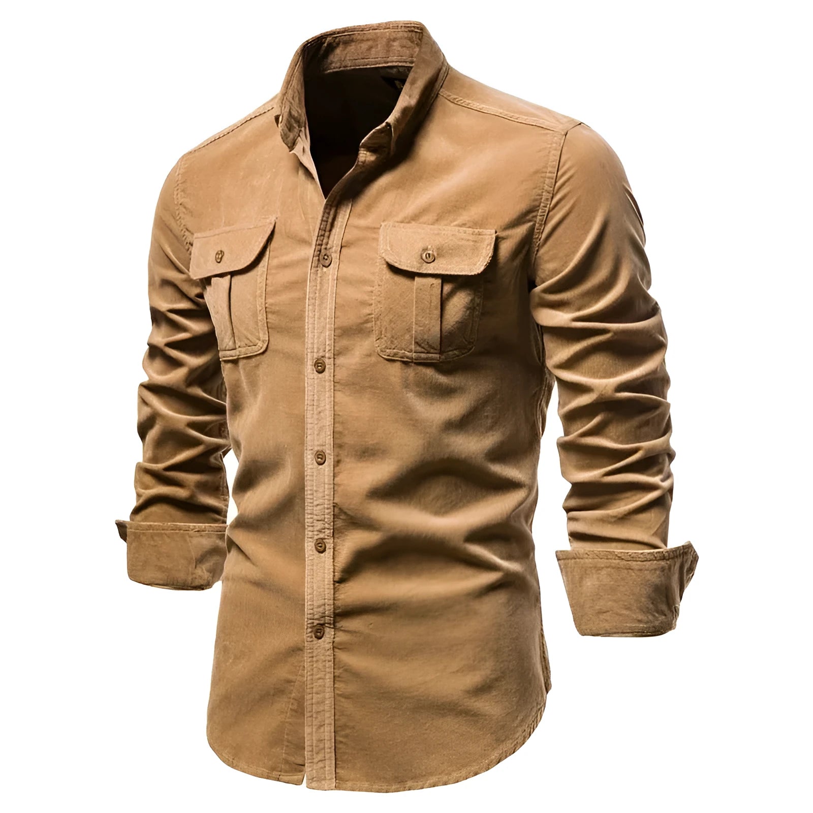 Men's long sleeve casual linen shirt on a hanger, shown in Denim Blue colour.