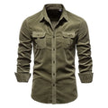 Men's long sleeve casual linen shirt on a hanger, shown in Denim Blue colour.