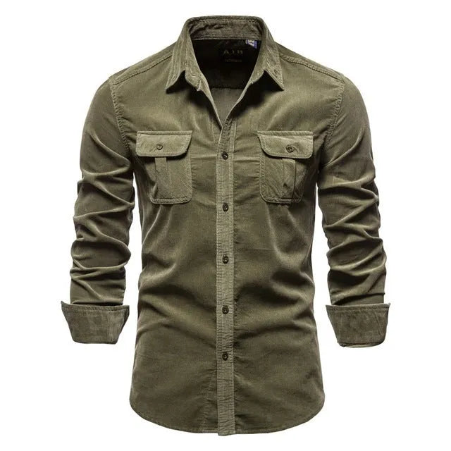 Men's long sleeve casual linen shirt on a hanger, shown in Denim Blue colour.