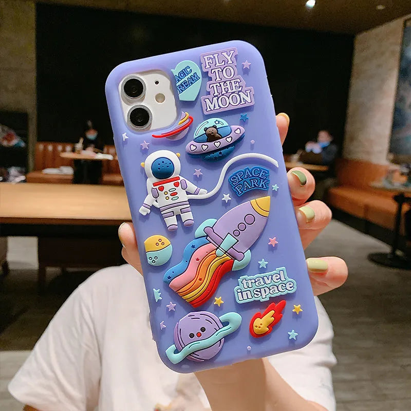 Purple silicone iPhone case with cartoon astronaut design for iPhone 11, XR and XS Max models