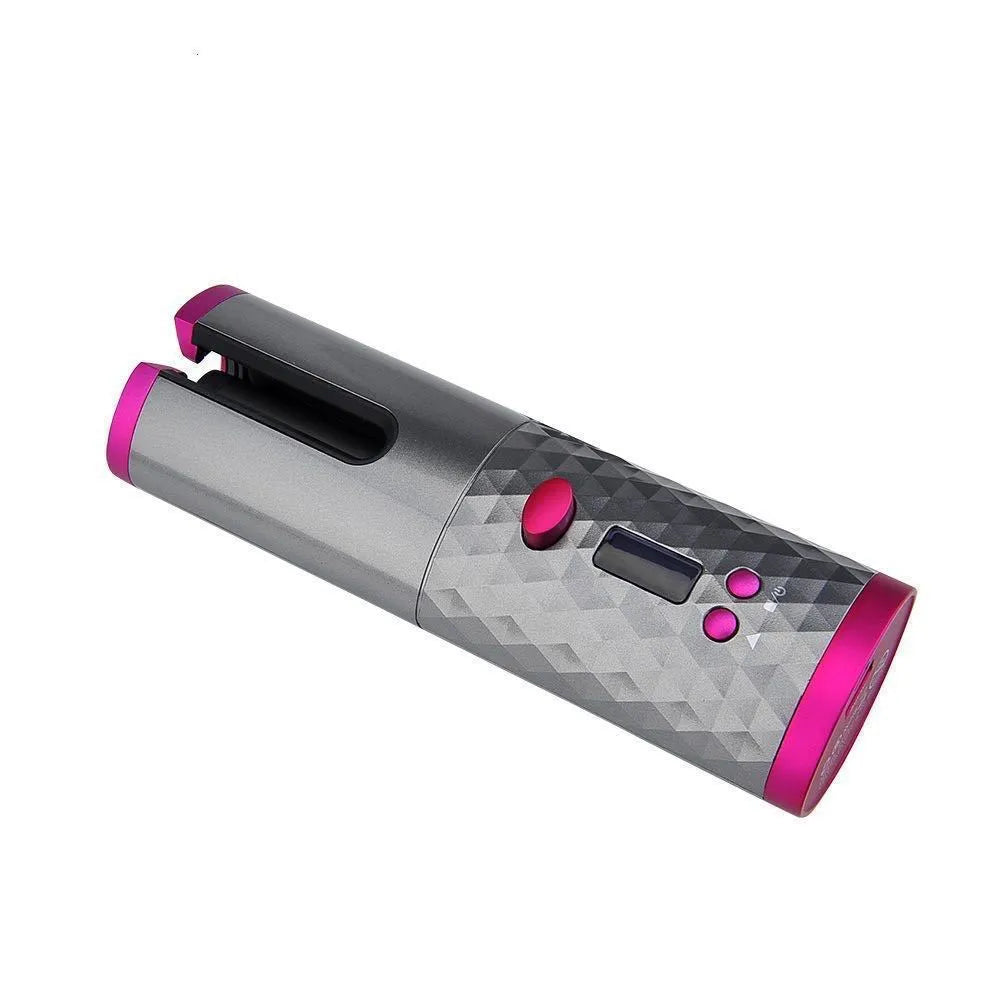 Golden cordless USB rechargeable curling iron with digital display and black flannel storage bag