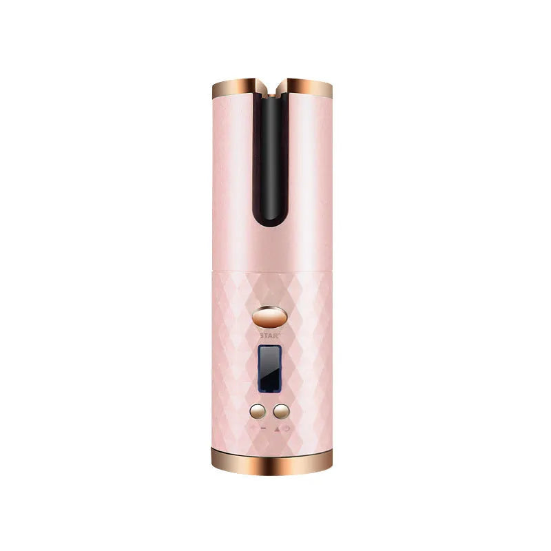 Golden cordless USB rechargeable curling iron with digital display and black flannel storage bag