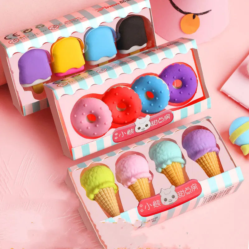 Pack of 12 cartoon food-themed erasers for children, showing cone, ice cream, and lollipop designs.