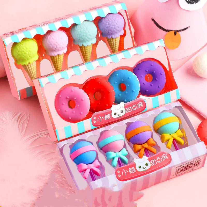 Pack of 12 cartoon food-themed erasers for children, showing cone, ice cream, and lollipop designs.