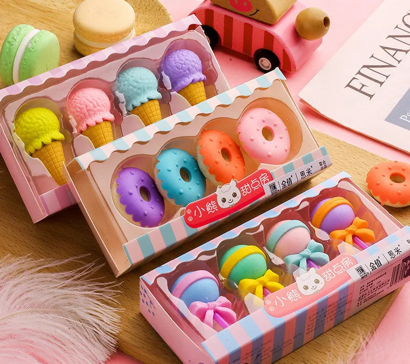 Pack of 12 cartoon food-themed erasers for children, showing cone, ice cream, and lollipop designs.