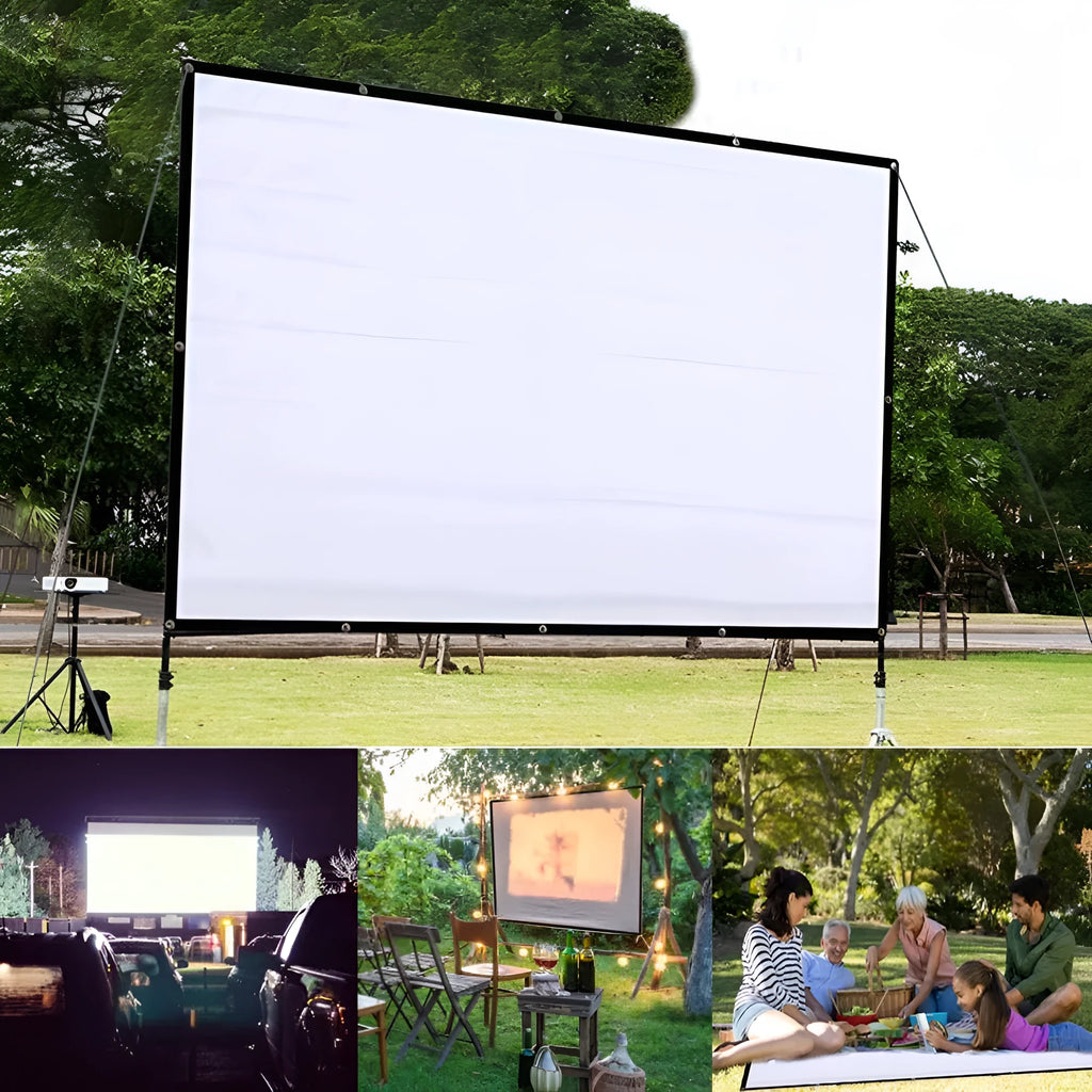 150-inch white foldable projection screen shown unfolded for presentations