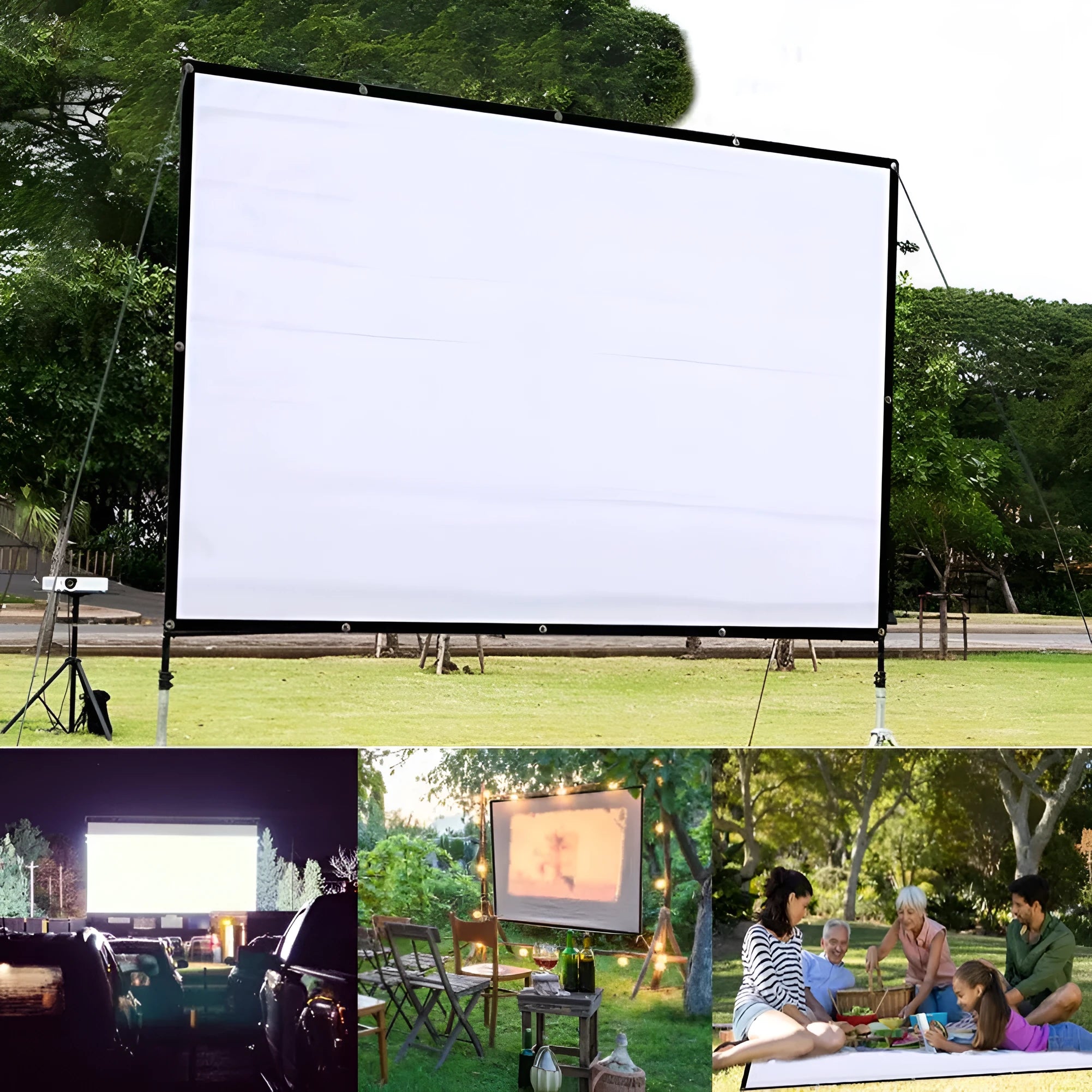150-inch white foldable projection screen shown unfolded for presentations