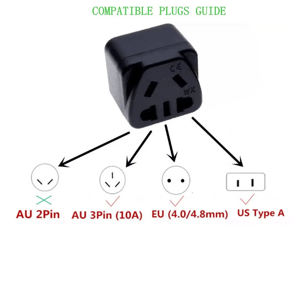 Square three-pin UK power conversion adapter in white or black with grounding pins